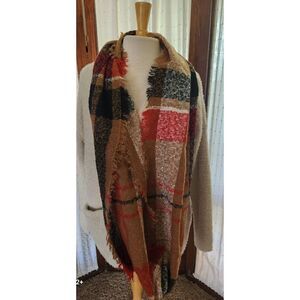 Red black gold plaid infinity scarf/wrap with fringe Fall Winter Autumn